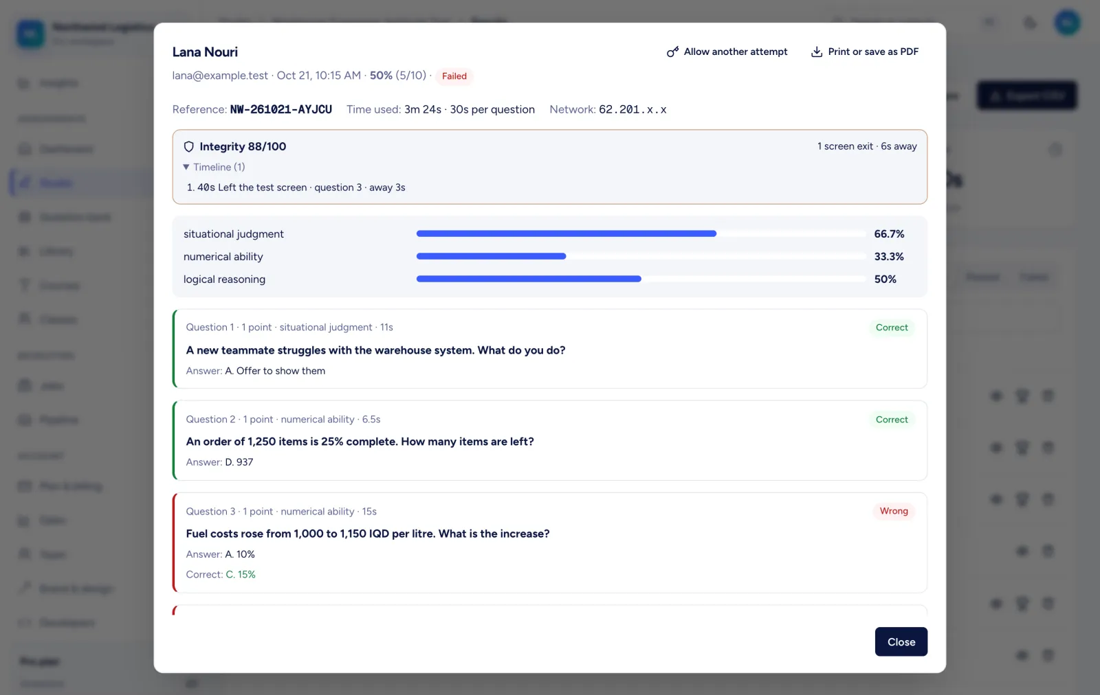 One applicant's result: reference number, time used, integrity timeline, scores by skill area and every answer