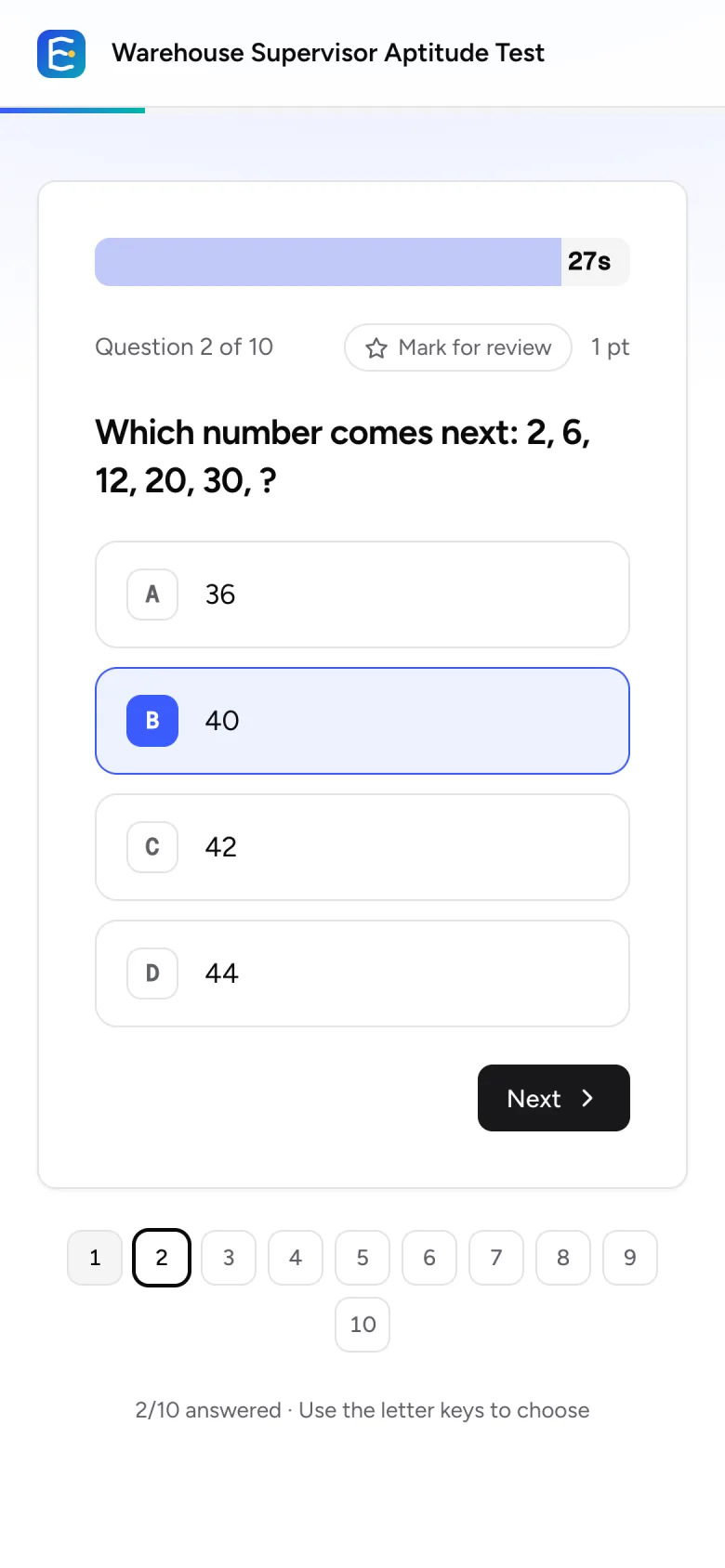 An applicant answering a timed question on a phone, with a countdown bar